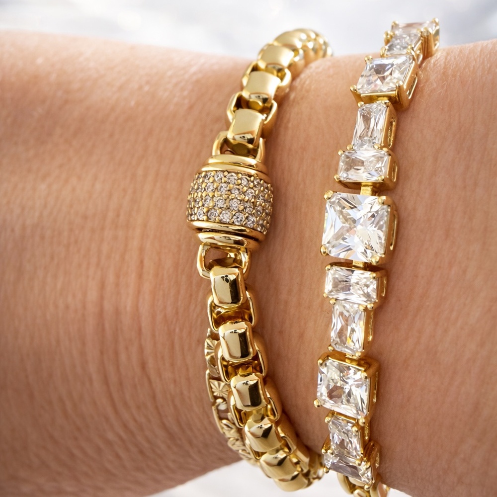 Gold Link Tennis Bracelet Bundle  Pave Barrel Accent Stack